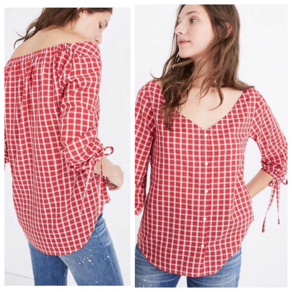Madewell Red White Plaid Button-Front Off-Shoulder Top